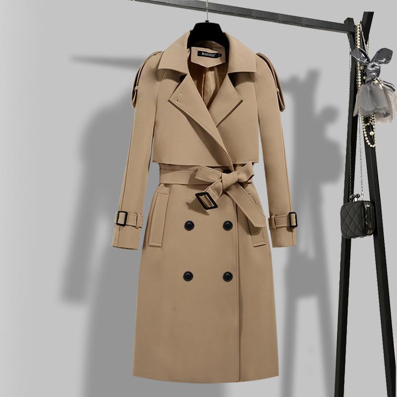 Sixsr Women Trench Coat Solid Double Breasted Trench Autumn Winter Elegant Vintage Turn-down Collar Warm Windproof Trench with Belt