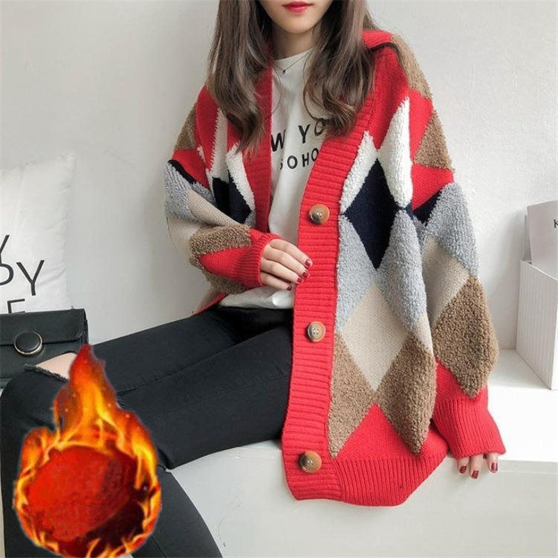 Sixsr Womens Fashion Spring Winter Women's Plaid Plus Velvet Warm Knitted Sweaters Cardigans Long Sleeve Checkered Coat Oversize Sweater Jackets