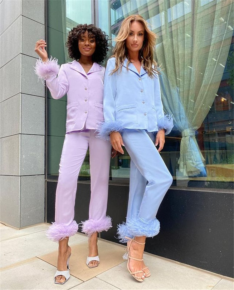 Sixsr Trendy Women Pajamas Set Autumn Casual Lapel Tops + Feather Pants Suits Sexy Lingerie Nightwear Silk Satin Pyjamas pjs Suit 2Pcs