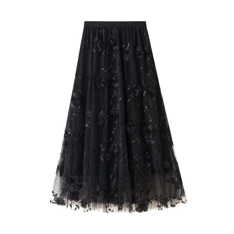 sixsr Luxury Woman Skirts Korean style Fashion Elastic Waist Appliques Embroidery Floral Mesh Skirt Long Gauze Ball Gown Skirt