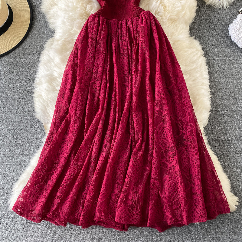 Sixsr Vintage Purple/Green/Red Lace Midi Dress Women Sweet Round Neck Ruffle Vestidos Female High Waist Slim Robe Spring Autumn