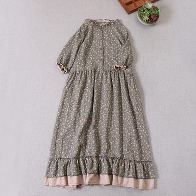 Japanese Mori girl art print dress autumn new floral dress loose long-sleeved dress