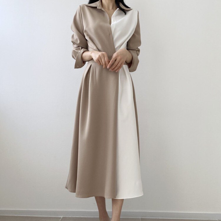 Sixsr Spring Autumn Retro Temperament Contrast Color Lapel Long-Sleeved Shirt Female Midi Dress Korean Elegant Fashion Slim Chic Dress