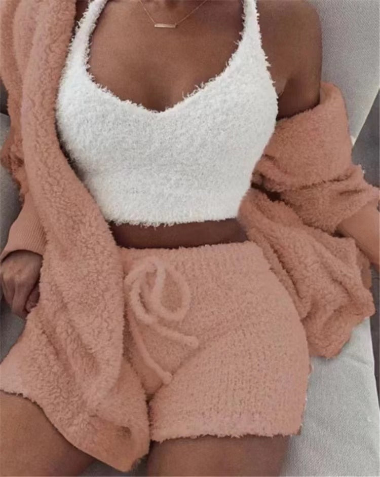 Sixsr Brand quality Autumn Winter 3 Piece Fluffy Outfits Plush Sexy Backless Fleece Pyjamas Women Casual Sports Sweatshirt Home Wear Sets Tracksuit