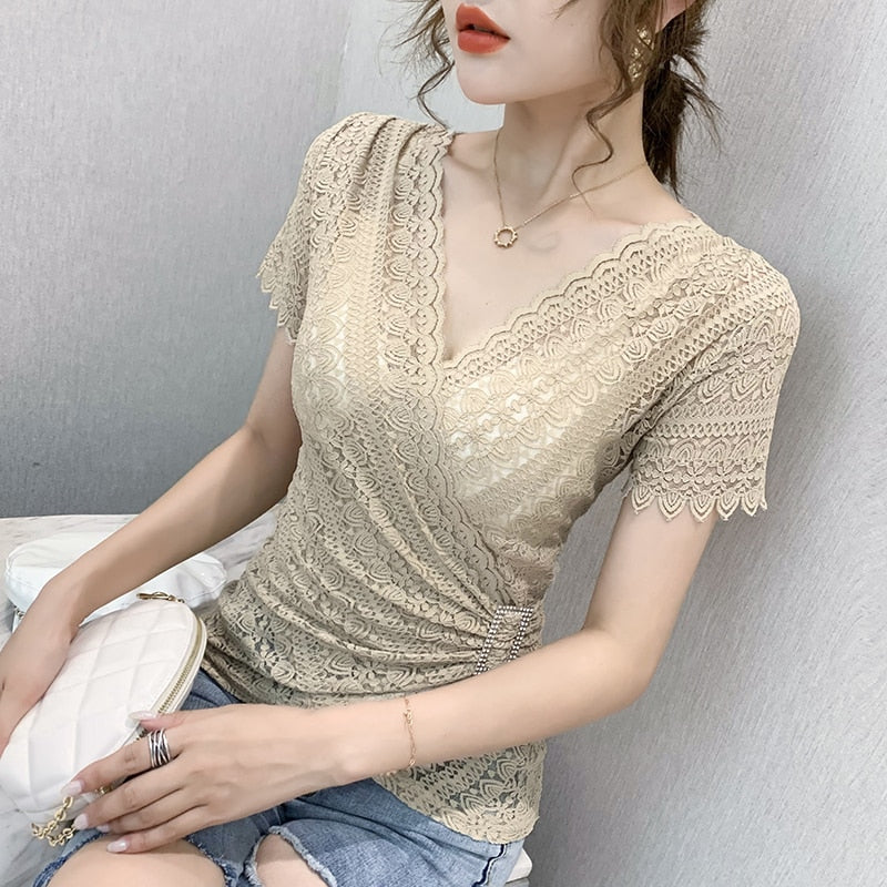 sixsr 5XL Women lace tops New Arrivals Summer short sleeve v-neck women blouse shirt Sexy Hollow out lace tops plus size blusas
