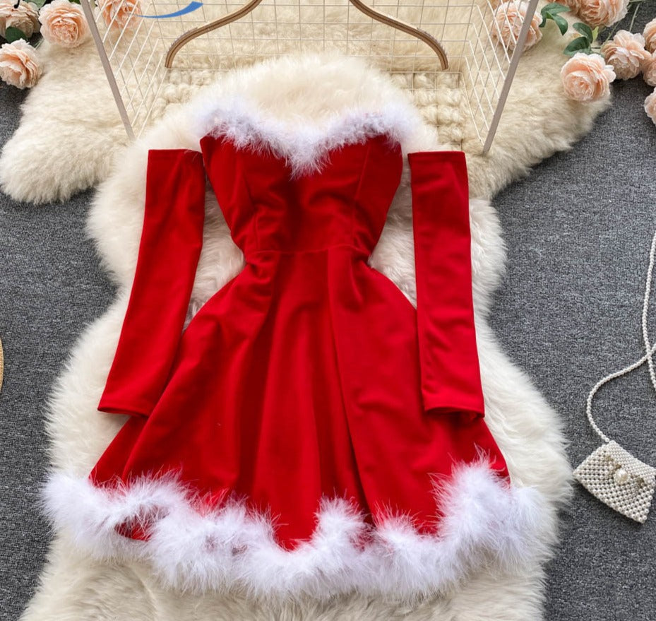 Sixsr Gifts For Women Elegant Dress For New Year Strapless Backless Furry Sexy Short Mini Christmas Dress Navidad Red Party Dress Femme