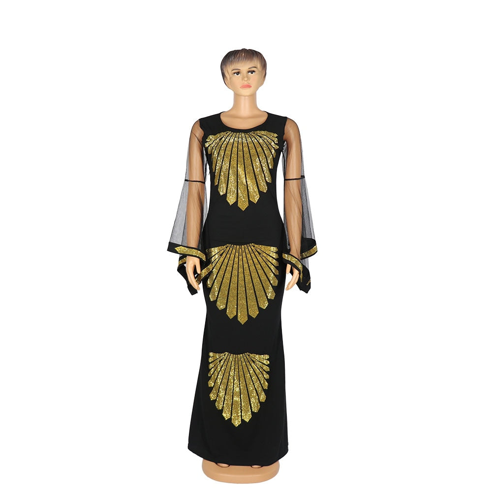 Sixsr African mom dress fashion gauze horn sleeve hot diamond hip-covered fish tail large size stretch dress