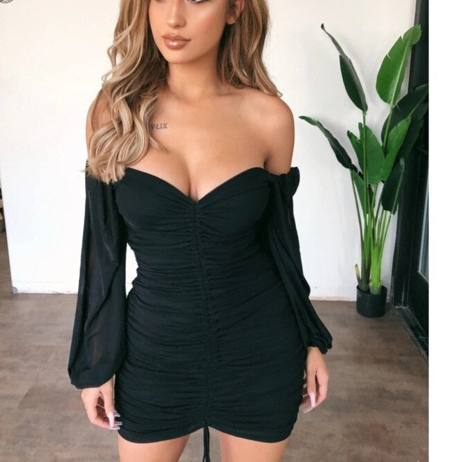 Justchicc White Summer Dress Women Pleated Bodycon zipper Club Party Sexy Dresses long Sleeve Mini Elegant Dress Vestido Bandage