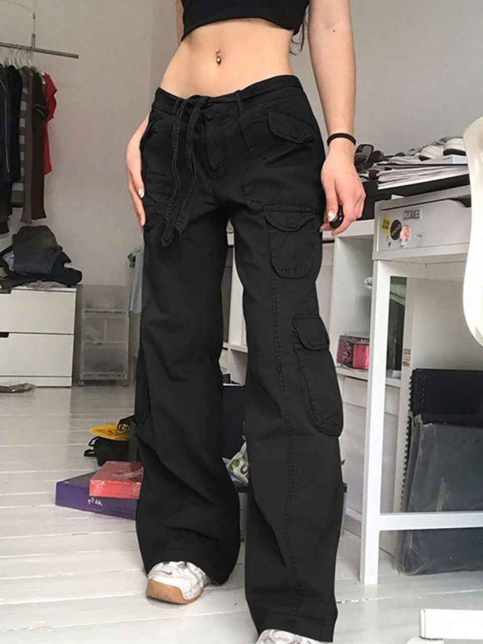 Sixsr Fashion Women's Jeans Y2K High Street Waist Denim Trousers Drawstring Waist Flap Pocket Baggy Jeans Loose Women's Classic Pants
