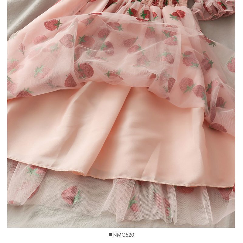 Sixsr Strawberry Dress Women French Style Lace Chiffon Sweet Dress Casual Puff Sleeve Elegant Printed Kawaii Dress Women New
