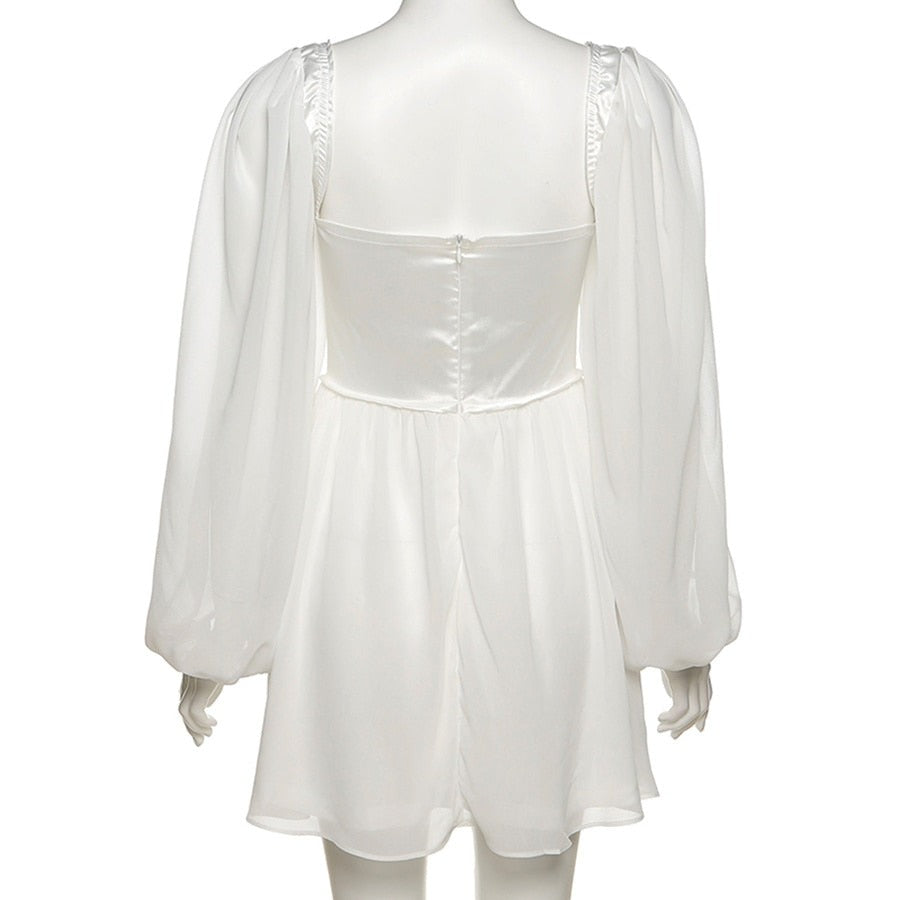 Sixsr Women Fashion Elegant High Waist Slim Solid White Office Lady A-Line Mini Dress  Spring Autumn New Women Party Dress