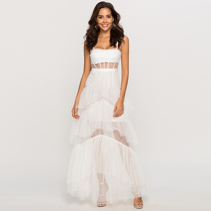 Womens Fashion Summer Sling Long Lace Dress Women Hollow Stitching Sexy Bubble Dress Backless Sleeveless Plus Size White Party Elegant Clothes