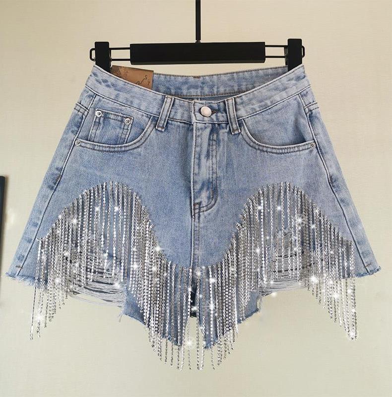 sixsr Spring Autumn Fashion Tide Denim Short Women High Street Rhinestone Sequins Hole Tassel Fit Wild Clothing
