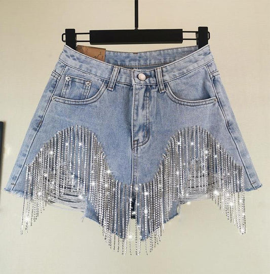 sixsr  Spring Autumn Fashion Tide Denim Short Women High Street Rhinestone Sequins Hole Tassel Fit Wild Clothing