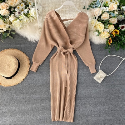 Sixsr Sparkling Sexy Party Dress Woman Sweater Elegant Slim V-Neck Basic Knitted Green Vintage Dresses Female Autumn Winter Bat Sleeve