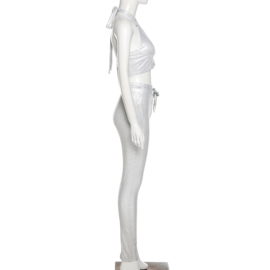 sixsr Sexy Bright Women 2-Piece Suits Criss Cross Halter Camisole Tops+Skinny Split Pants Sportswear Female Night Clubwear