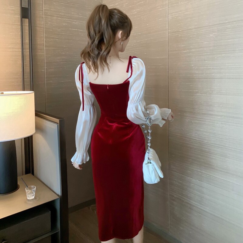 sixsr New Red Gold Velvet Dress Foreign Style Autumn and Winter Temperament Bubble Sleeves Hepburn Wind Little Red Dress New Years Eve Outfits Women