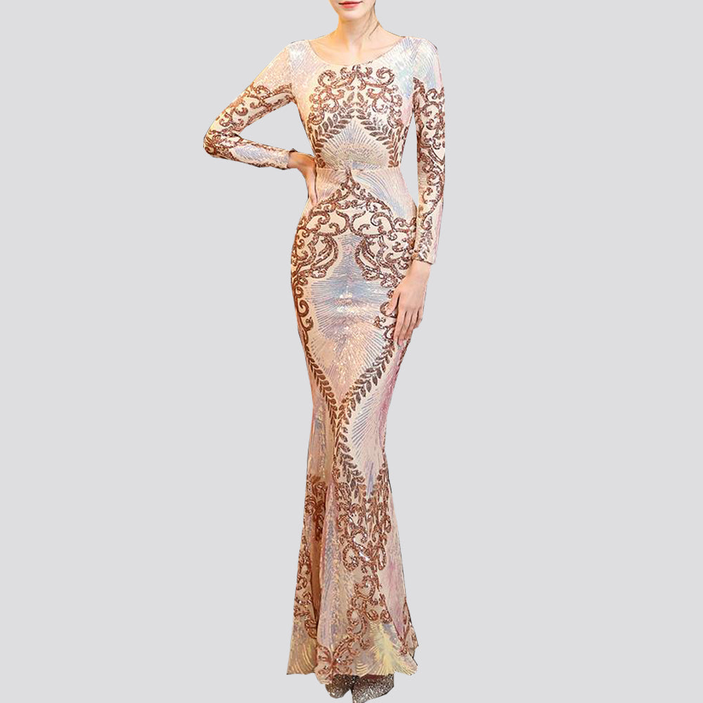 sixsr Hot Sale O-neck Long-Sleeve Shinning Sequins Evening Dresses Sexy Backless Mermaid Party Gowns Maxi Elegant Multi Female Robes vestidos