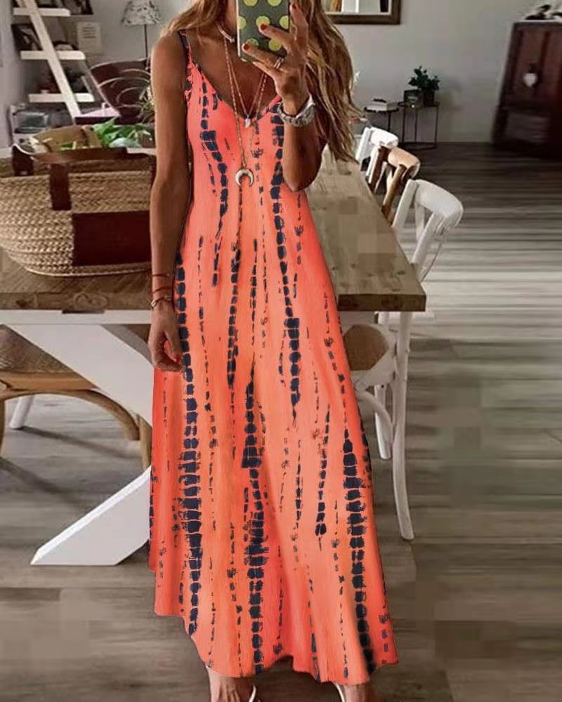 Sixsr Selling New High Street Tie Dye Dress Sexy Spaghetti Strap V Neck Long Dresses Women Summer Beach Dresses Party Tunic Plus Size 5XL