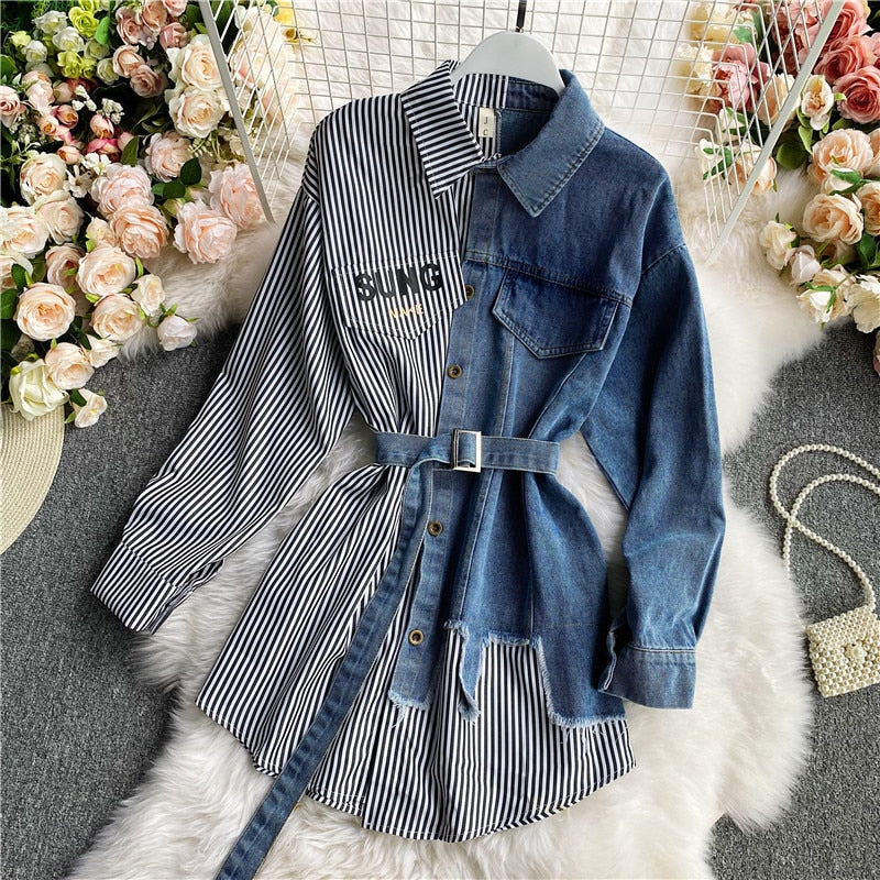 Sixsr Women's Blouse Autumn Long Sleeve Shirt Tops Jeans Patchwork Plaid Blouses Elegantes Blusas para mujer Slim Shirt Dress