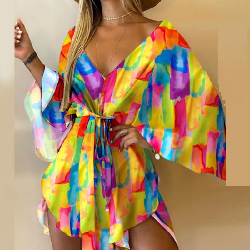 sixsr Summer Outfits Casual Leaf Leopard Print Harajuku Batwing Sleeve Dress Lady Elegant Lace-Up Irregular Party Dress Sexy V-Neck Women Mini Dress