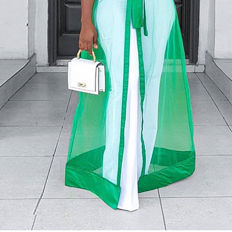 Sixsr African Women See Through Party Dresses Sexy Plus Size Maxi Cover Up Dress Lantern Sleeve Cardigan with Belt Fashion Spring