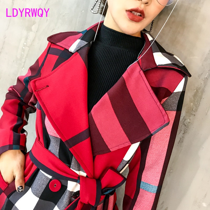 Sixsr  Thickened autumn and winter new women's lapels in the long simple color matching retro plaid coat temperament windbreaker