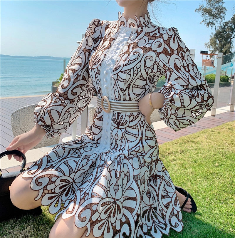 sixsr Vintage Hollow Out Lace Floral Embroidery Dress Spring Autumn Women Stand Collar Lantern Sleeve High Waist Sashes Short Dresses
