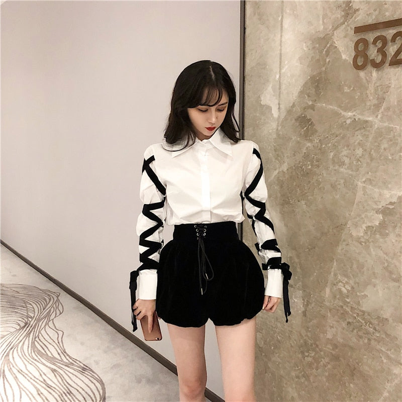 Sixsr Womens Fashion Casual Office Lady Female Blous Long Sleeve Shirt Women Stitching Black Ribbons Spring Top Blouse 16W057