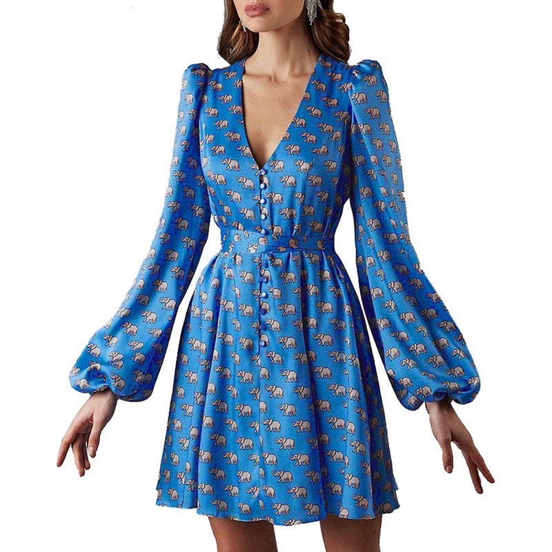 Sixsr Trends high quality Spring New Women Sexy V Neck Letters Print Fashion Short Dresses Casual Satin Slim Lantern Sleeves Zipper Elegant Party Vestidos
