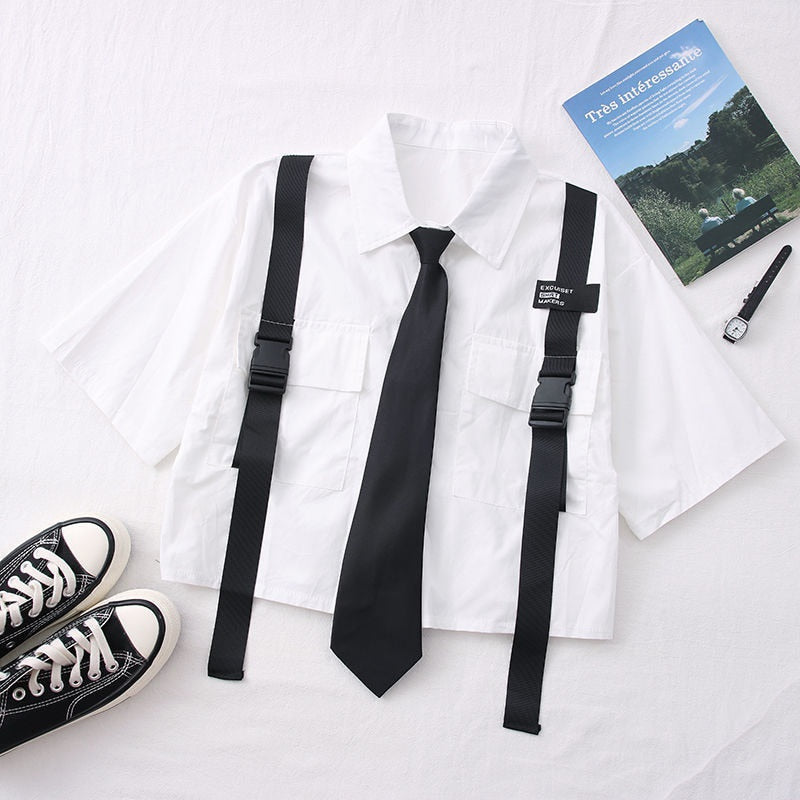 sixsr Spring Outfits Trends Harajuku Women Shirts And Blouses Feminine Tie Pocket Top Casual White Turn-down Collar OL Style Female Blouses Streetwear
