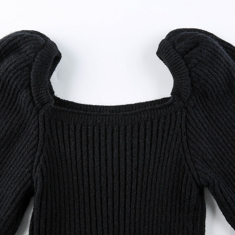 Knitted Women's Sweater Vintage Pullover Long Puff Sleeve Pink Square Neck Top Korean Fashion Style Autumn Winter Clothing