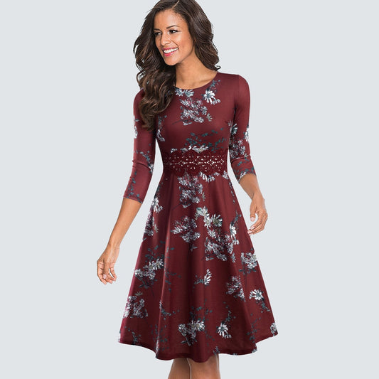 Women Vintage Casual Round Neck A line Summer Elegant Floral Lace Patchwork Sleeveless Tunic Party Swing Dress HA079