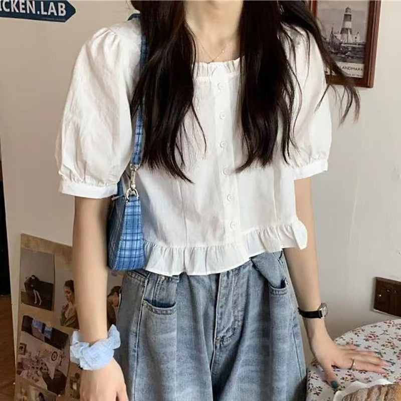 Ruffles Cute Shirt Women Button Up Shirt Summer Blouse High Waist Puff Sleeve Crop Top Pretty White Youth Clothing Elegant
