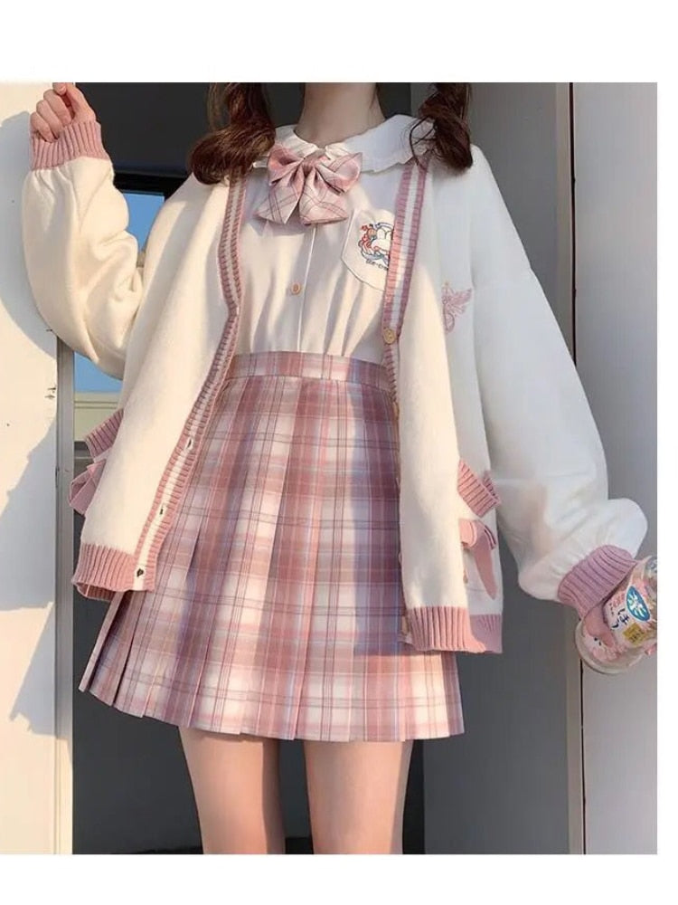 Sixsr  Spring Japanese Kawaii Fashion Pink Cardigan Women Harajuku Knitted Sweater Cute Bow Heart Korean College Style JK Uniform Coat