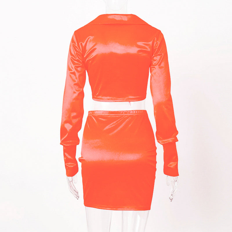 Sixsr Women Silky Satin 2 Two Piece Set Lace Up Long Sleeve Crop Top Skirt Autumn Winter Clothes Fashion Sexy Outfits