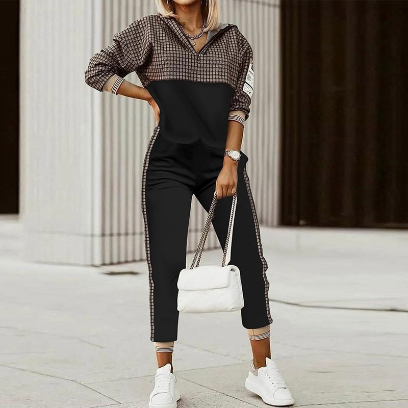Sixsr Spring Autumn Women Fashion Print Splicing Tracksuits Two Piece Sets Female Casual Long Sleeve V Neck Top Jogging Pant Suit