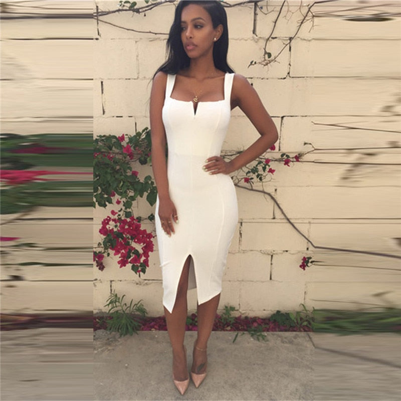 Summer Midi Dress Bandage Women Black White Sleeveless Straps Club Party Sexy Dresses Fashion Backless Split Vestidos