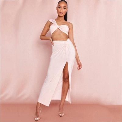 sixsr Fashion Trends Sexy Strapless Wrap Top and Split Maxi Skirts Fall Sleeveless Outfit Two Piece Set Night Club Party Matching Set