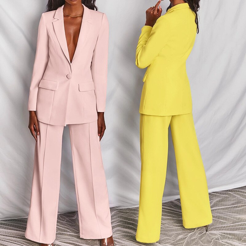 Sixsr Women's Coats Blue Long Sleeves Workwear Outfits Female Solid Office Formal Chic Pockets Summer pants Sets Conjunto Femenino