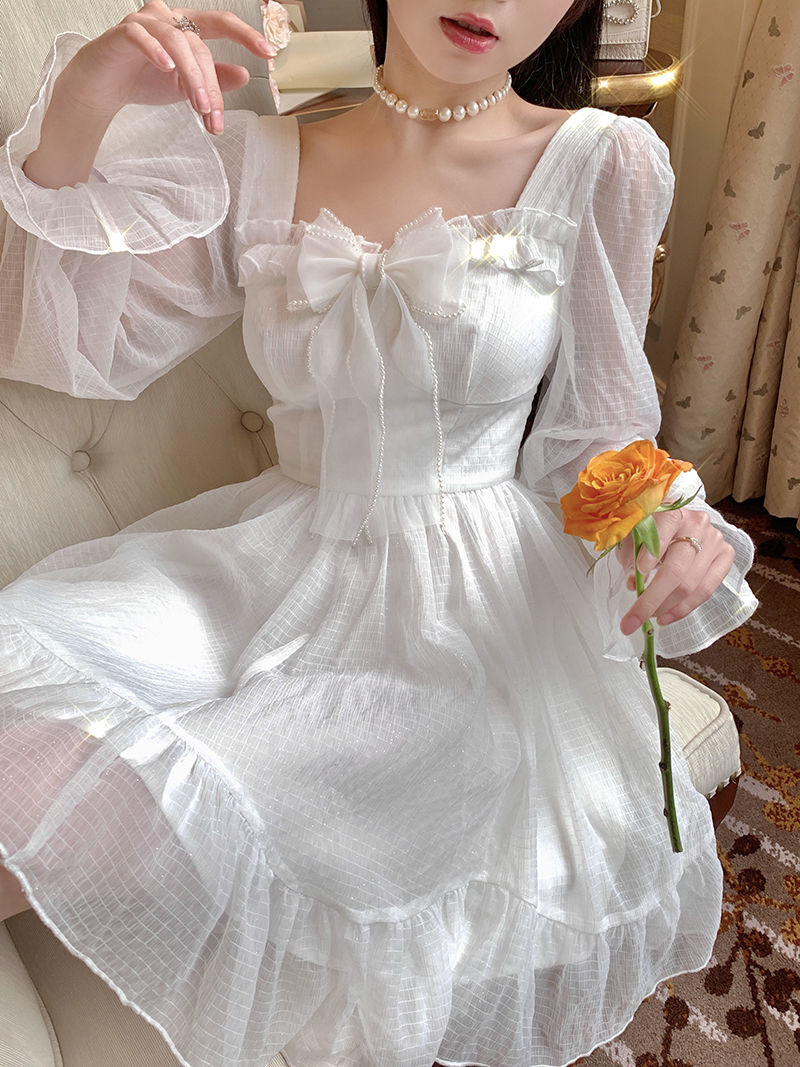 French Sweet Fairy Lolita Dress Women Long Sleeve Lace Y2k Mini Dress Vintage Kawaii Clothes One Piece Dress Korean Autumn