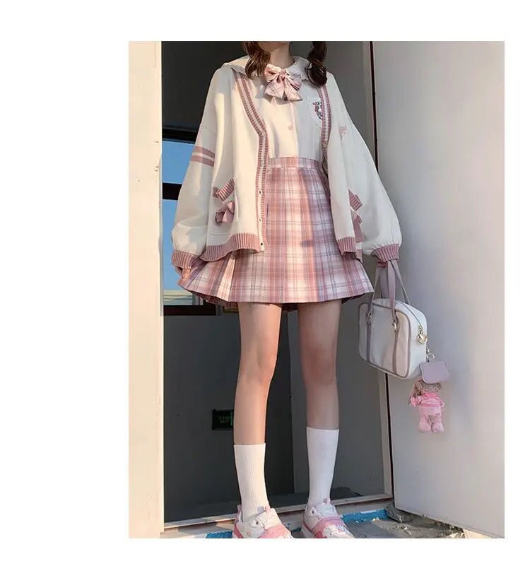Sixsr  Spring Japanese Kawaii Fashion Pink Cardigan Women Harajuku Knitted Sweater Cute Bow Heart Korean College Style JK Uniform Coat
