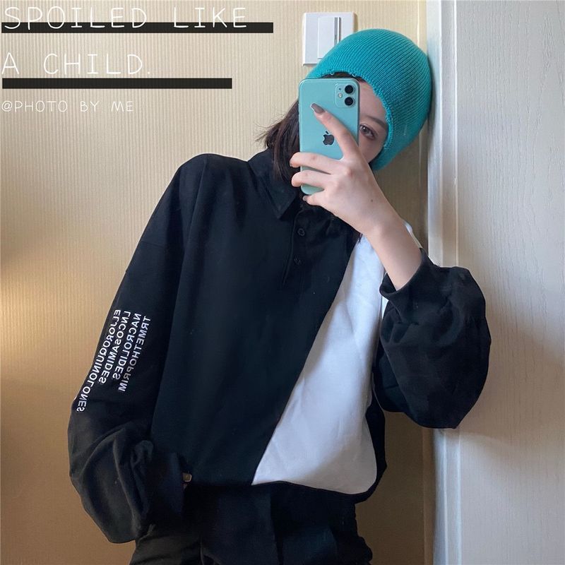 Sixsr new stitching contrast shirt Korean Hong Kong style sweatshirt Preppy hip hop oversize long-sleeved t-shirt men women