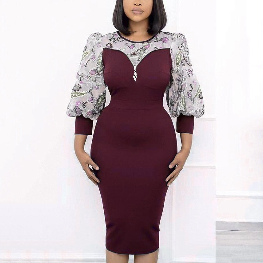 Sixsr African Fashion Women Dresses Office Style Dot Patchwork Bow High Waist Bodycon Mid Calf Elegant Business Work Wear Vestidos New