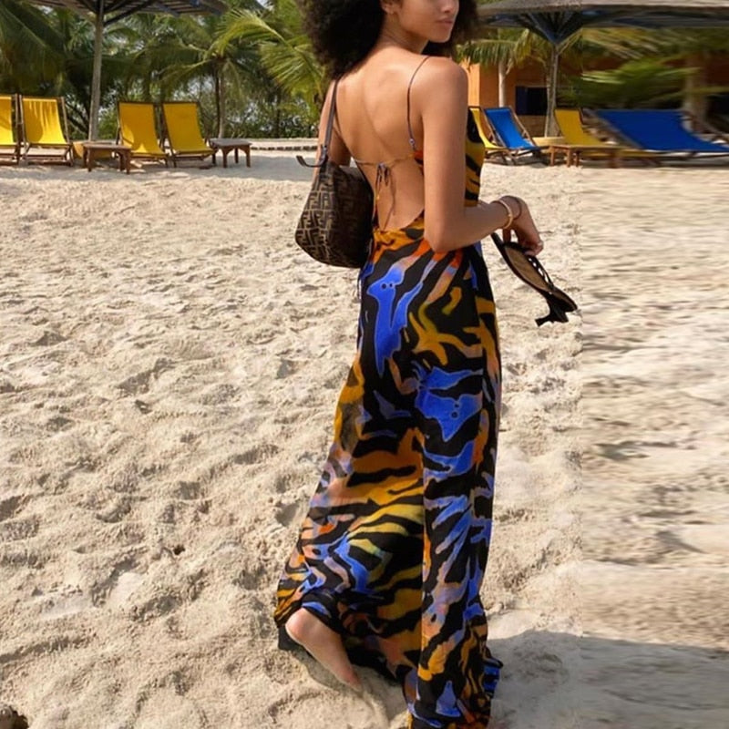 sixsr Print Maxi Dress Women Sexy Low Cut Cowl Neck Back Lace Up Sexy Dresses Seaside Party Club Wear Long Dress New