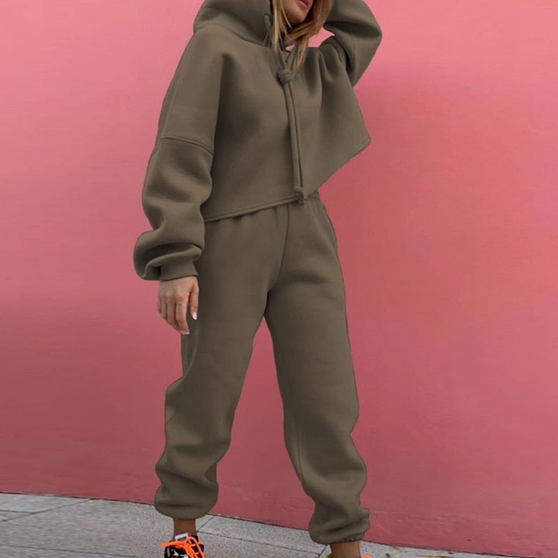 Sixsr  Fashion Loose Casual Hoodie Suit Two Piece Set Womens Tracksuits  Womens Solid Color Two Piece Sets Thick Warm Suits
