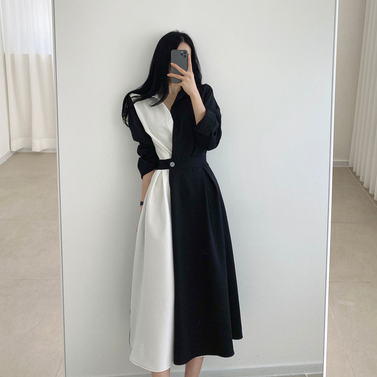 Sixsr Spring Autumn Retro Temperament Contrast Color Lapel Long-Sleeved Shirt Female Midi Dress Korean Elegant Fashion Slim Chic Dress