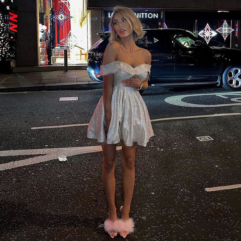 Sixsr  Summer Outfits Women Bling Glitter Women Off Shoulder A Line Mini Dress Pleated Party Elegant Festival Evening Autumn Winter Clothes
