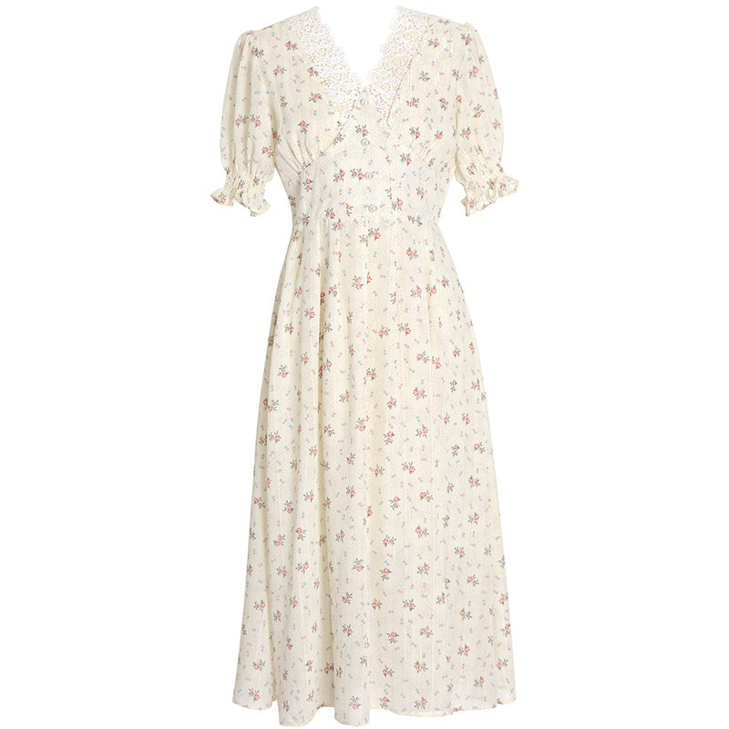 Sixsr Vintage Floral Dress Women Elegant Lace Chiffon Korean Party Dress Puff Sleeve V Neck Midi Dress Fall Dresses for Women