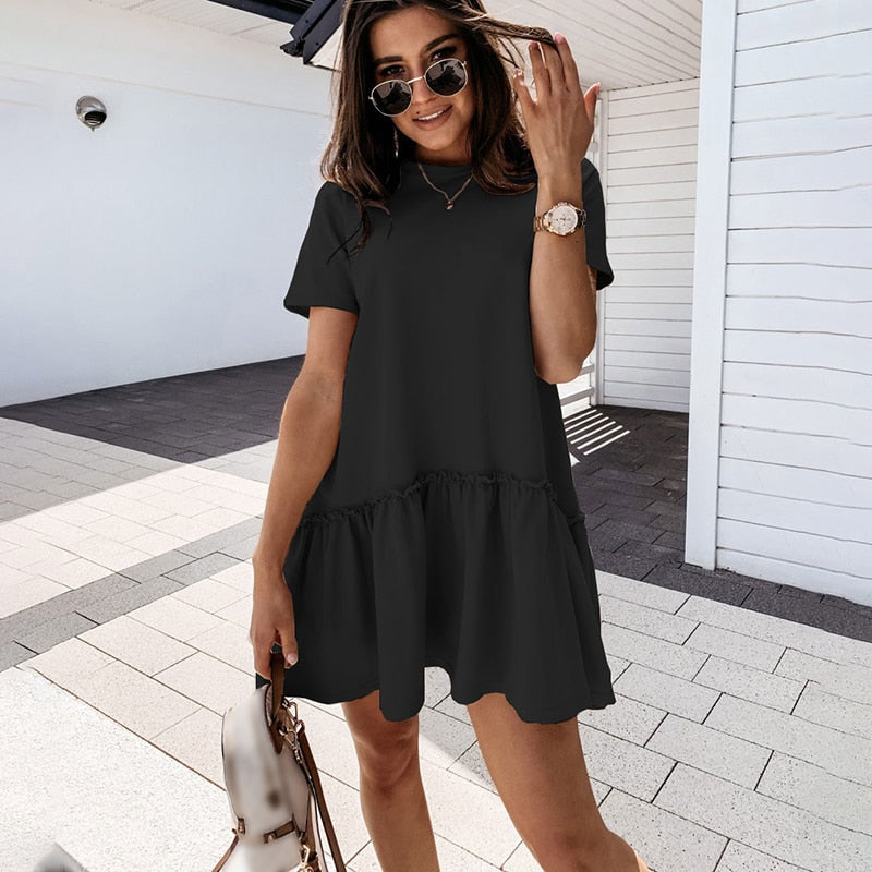 sixsr Fashion Trends Loose Casual Short Sleeve Mini Dress Women Summer O-neck White Black Ruffles Big Hem Beach Dresses For Woman Femme Robe